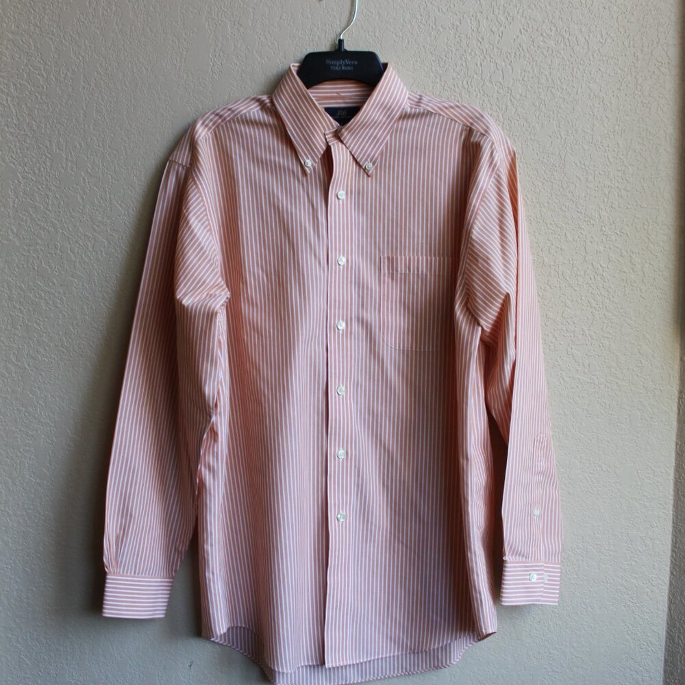 364 Brooks Brothers 100% cotton Non-Iron Orange Striped Dress Shirt Mens M